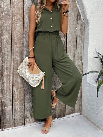 Women Solid Color Sleeveless Jumpsuit With Waist Tie And Wide-Leg Design For Vacation