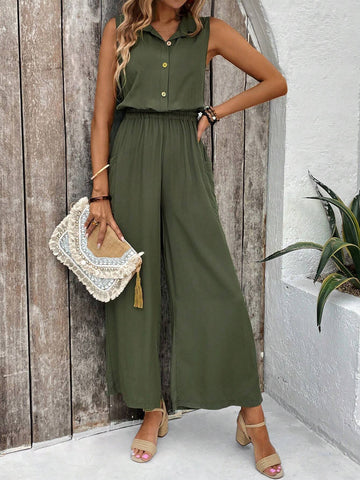 Women Solid Color Sleeveless Jumpsuit With Waist Tie And Wide-Leg Design For Vacation
