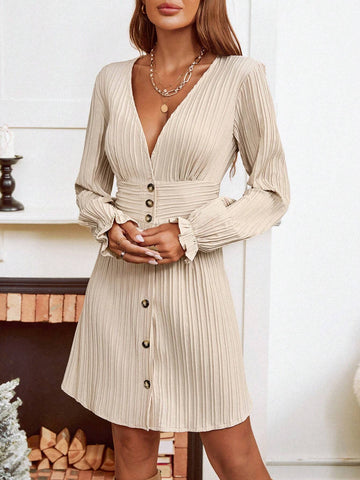 Women Solid Color Textured Front Button Casual Dress, Autumn