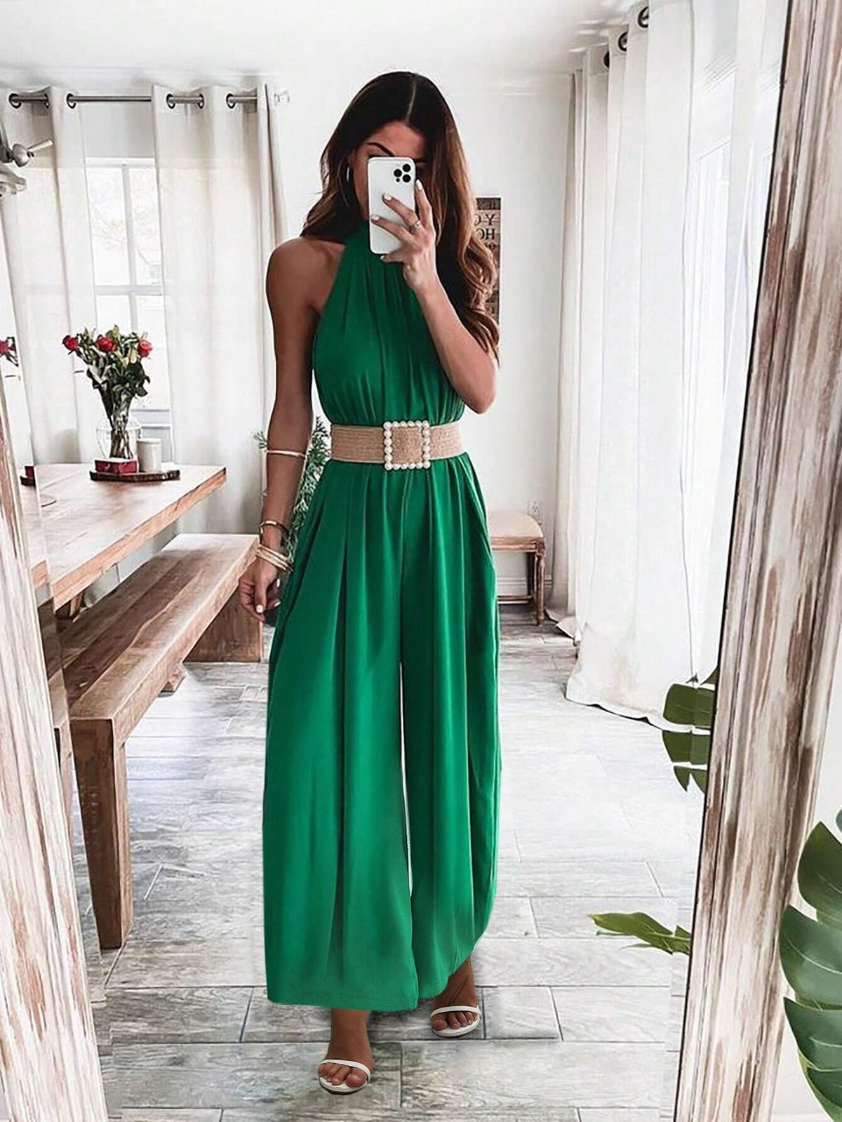 Women Solid Color Wide-Leg Halter Neck Jumpsuit For Vacation