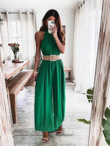 Women Solid Color Wide-Leg Halter Neck Jumpsuit For Vacation