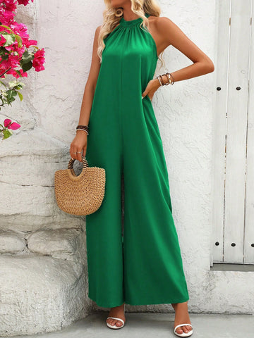 Women Solid Color Wide-Leg Halter Neck Jumpsuit For Vacation