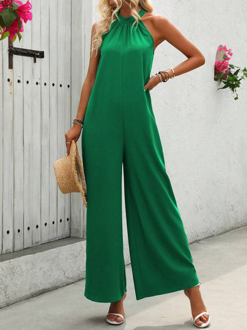 Women Solid Color Wide-Leg Halter Neck Jumpsuit For Vacation