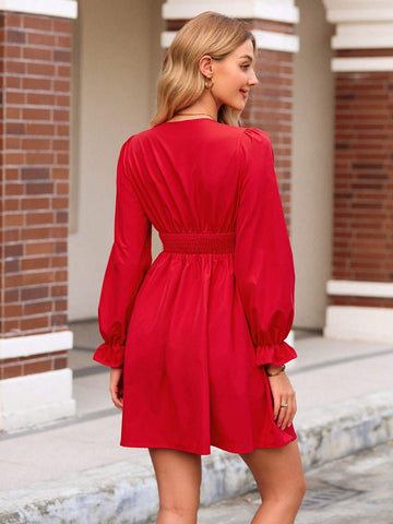 Women Solid Color Woven Long Sleeve Mini Dress