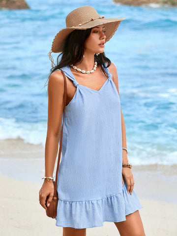 Women Solid Color Woven Open Shoulder Mini Dress