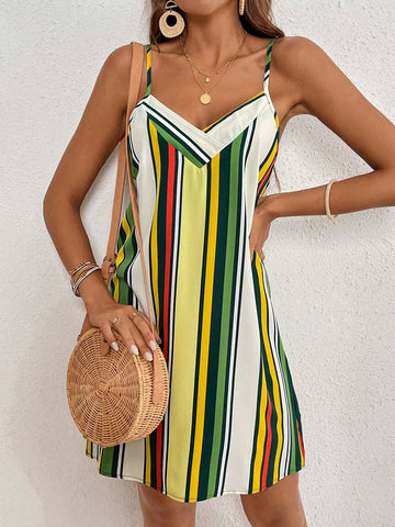 Women Striped & Print Contrast Color Sleeveless Slip Dress