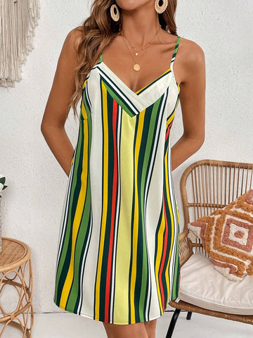 Women Striped & Print Contrast Color Sleeveless Slip Dress