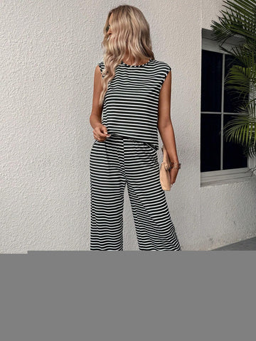 Women Summer 2 Pieces Set: Striped Print Tank Top And Wide Leg Pants