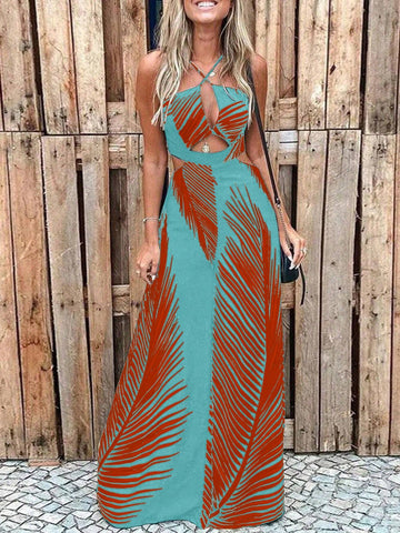 Women Summer Beach Cut Out Criss Cross Tie Back Dress