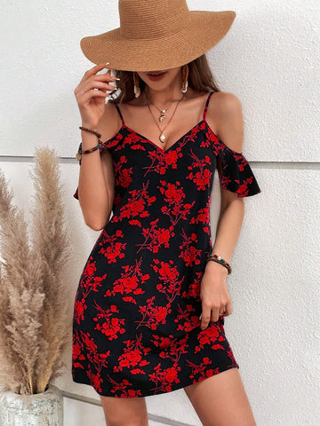 Women Summer Casual Vacation Off Shoulder Neckline Floral Printed Dress