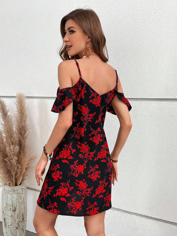 Women Summer Casual Vacation Off Shoulder Neckline Floral Printed Dress
