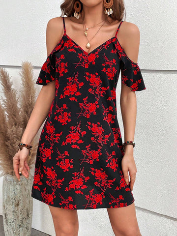 Women Summer Casual Vacation Off Shoulder Neckline Floral Printed Dress