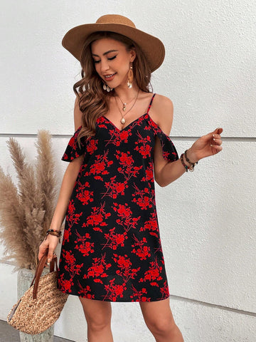 Women Summer Casual Vacation Off Shoulder Neckline Floral Printed Dress