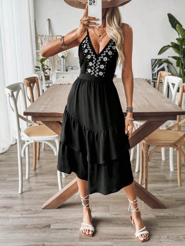 Women Summer Floral Print Back Cross Strap Sundress