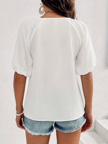 VCAY Women Summer Loose Shirt With Plant Embroidery, Fringes, And Tie-Up Short Puff Sleeves