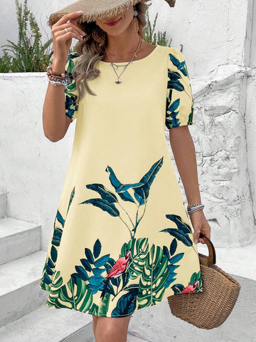 Women Summer Loose Straight One-Piece Dress With Tropical Plant Print, Round Neckline And Short Puffed Sleeves