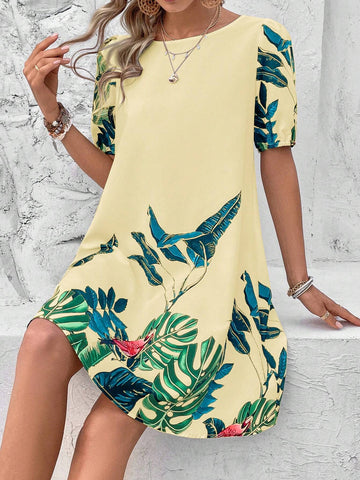Women Summer Loose Straight One-Piece Dress With Tropical Plant Print, Round Neckline And Short Puffed Sleeves