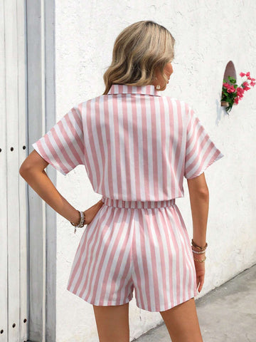 Women" Summer Striped Printed Short-Sleeved Casual Shirt Jumpsuit Shorts