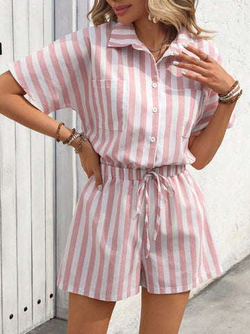 Women" Summer Striped Printed Short-Sleeved Casual Shirt Jumpsuit Shorts