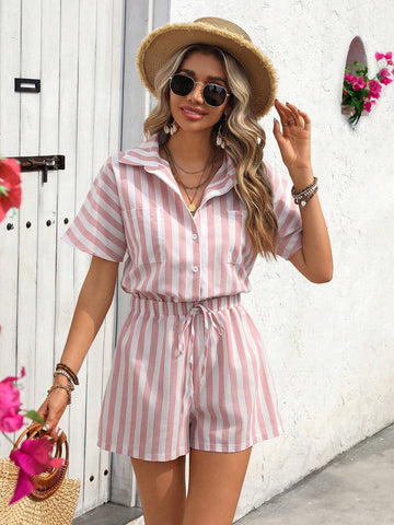 Women" Summer Striped Printed Short-Sleeved Casual Shirt Jumpsuit Shorts