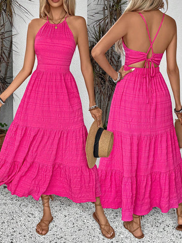 Women Texture Summer Dress With Solid Color, Back Strap, And Frill Hem, Perfect For Vacation