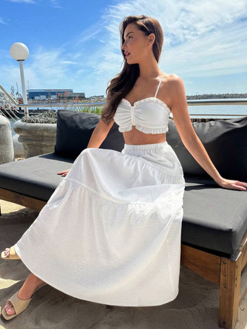 Women Textured Mushroom Edge Strap Tank Top And Long Flowing Midi Skirt Summer Two-Piece Set