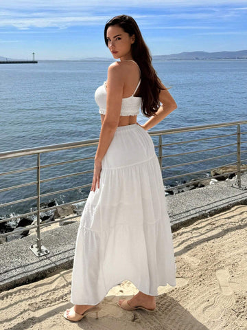 Women Textured Mushroom Edge Strap Tank Top And Long Flowing Midi Skirt Summer Two-Piece Set