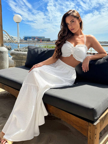 Women Textured Mushroom Edge Strap Tank Top And Long Flowing Midi Skirt Summer Two-Piece Set