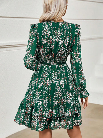 Women Tie Front Ditsy Floral Long Sleeve Elegant Mini Dress, Suitable For Holiday