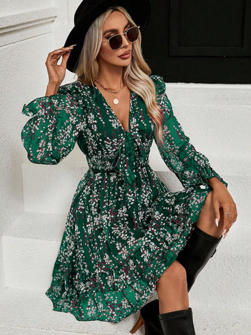 Women Tie Front Ditsy Floral Long Sleeve Elegant Mini Dress, Suitable For Holiday