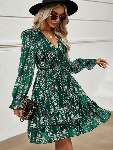 Women Tie Front Ditsy Floral Long Sleeve Elegant Mini Dress, Suitable For Holiday