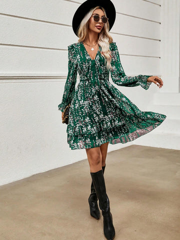 Women Tie Front Ditsy Floral Long Sleeve Elegant Mini Dress, Suitable For Holiday