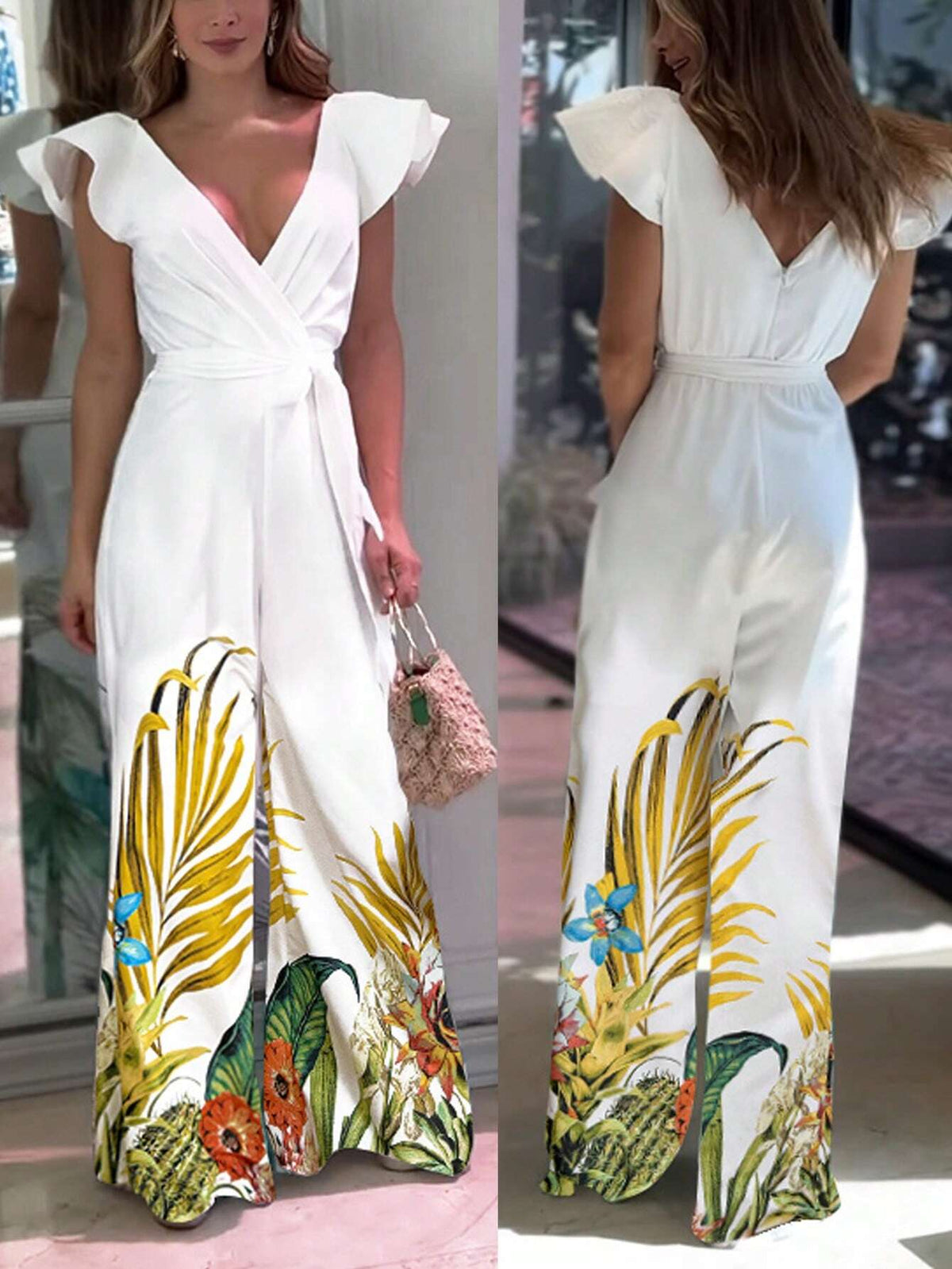 Women Tropical Plant Print Overlap V-Neck Short Sleeves Wide-Leg Jumpsuit For Summer Holiday Style