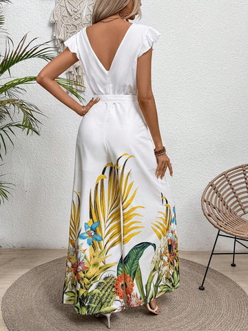 Women Tropical Plant Print Overlap V-Neck Short Sleeves Wide-Leg Jumpsuit For Summer Holiday Style