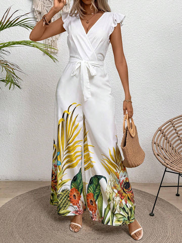 Women Tropical Plant Print Overlap V-Neck Short Sleeves Wide-Leg Jumpsuit For Summer Holiday Style