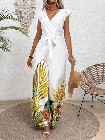 Women Tropical Plant Print Overlap V-Neck Short Sleeves Wide-Leg Jumpsuit For Summer Holiday Style