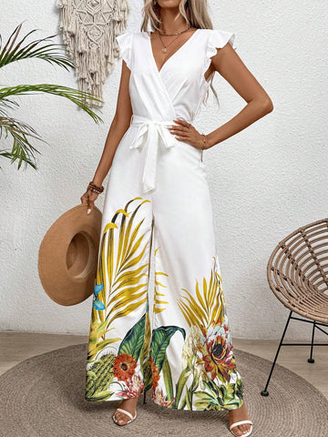 Women Tropical Plant Print Overlap V-Neck Short Sleeves Wide-Leg Jumpsuit For Summer Holiday Style