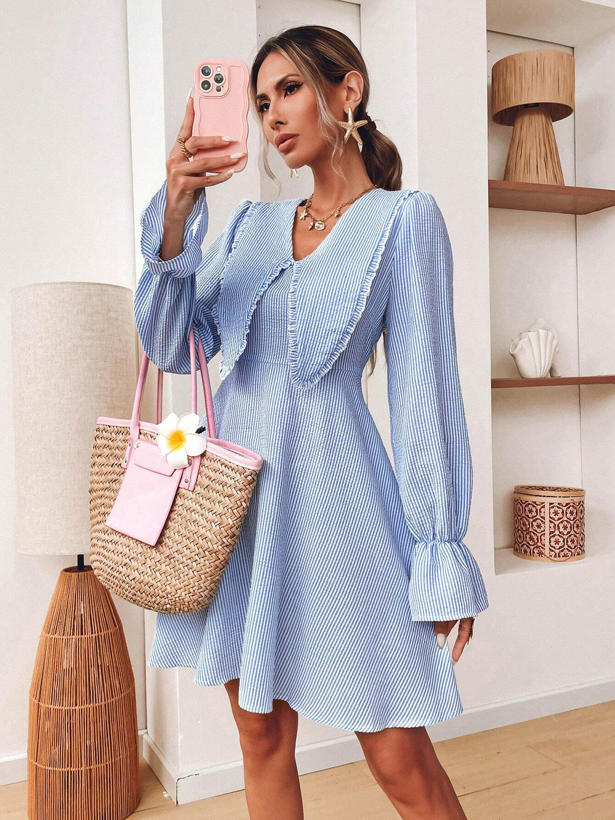 Women V-Neck Frill Trim A-Line Plaid Casual Holiday Dress, Autumn/Winter