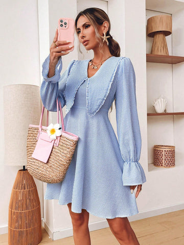 Women V-Neck Frill Trim A-Line Plaid Casual Holiday Dress, Autumn/Winter