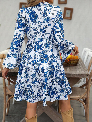 Women V-Neck Frilled Hem A-Line Blue White Casual Holiday Floral Print Dress