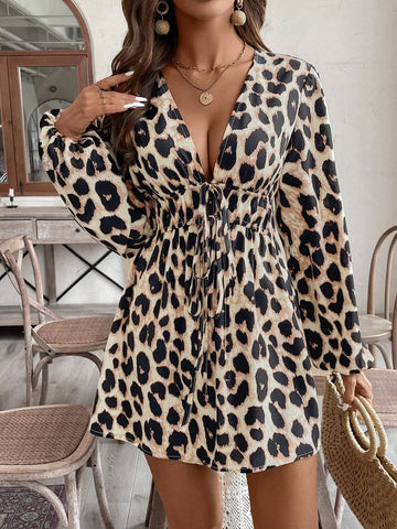 Women V-Neck Gathered Waist A-Line Ruched Long Sleeve Casual Leopard Print Dress
