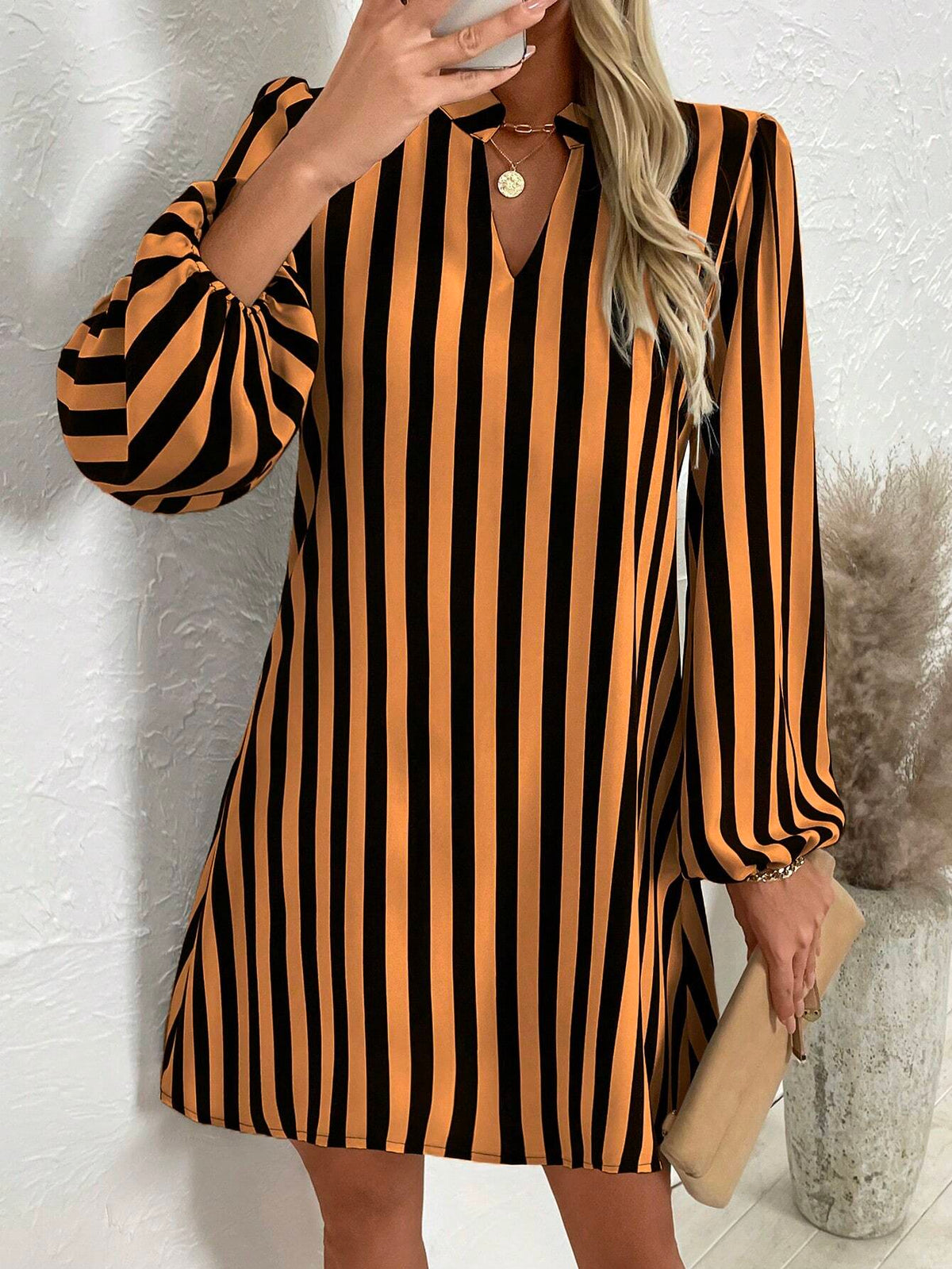 Women V-Neck Long Sleeve Striped Minimalist Short Casual Dress