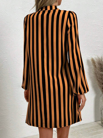 Women V-Neck Long Sleeve Striped Minimalist Short Casual Dress