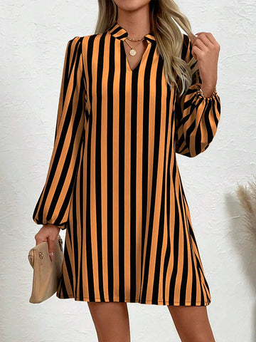 Women V-Neck Long Sleeve Striped Minimalist Short Casual Dress