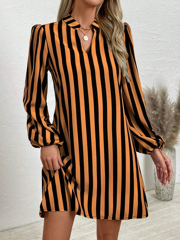 Women V-Neck Long Sleeve Striped Minimalist Short Casual Dress