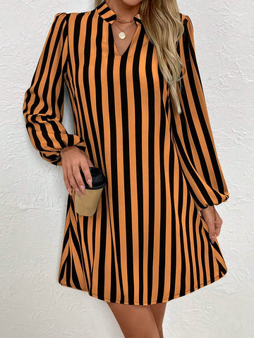 Women V-Neck Long Sleeve Striped Minimalist Short Casual Dress