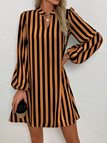 Women V-Neck Long Sleeve Striped Minimalist Short Casual Dress