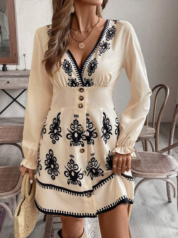 Women V-Neck Ruffled Trim Buttoned Waist A-Line Dress, Autumn/Winter