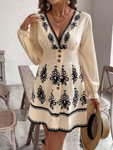 Women V-Neck Ruffled Trim Buttoned Waist A-Line Dress, Autumn/Winter