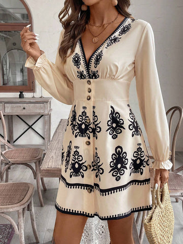 Women V-Neck Ruffled Trim Buttoned Waist A-Line Dress, Autumn/Winter